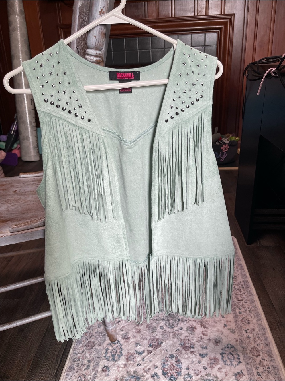 Rock & Roll Cowgirl Mint Suede Fringe Vest with Studs